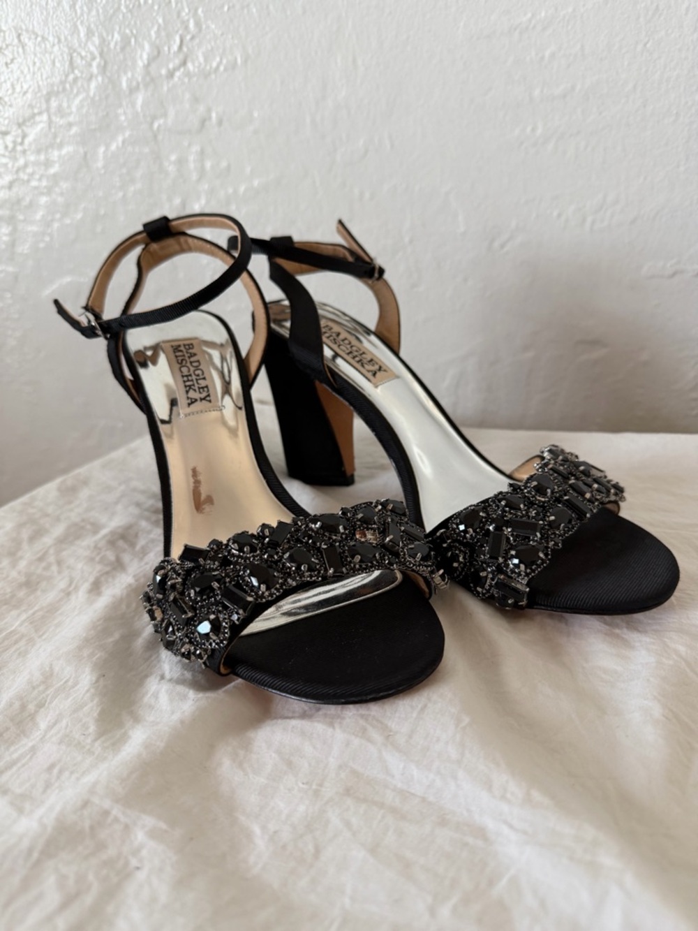 Badgley Mischka Black Crystal-Embellished Ankle-Strap Heels